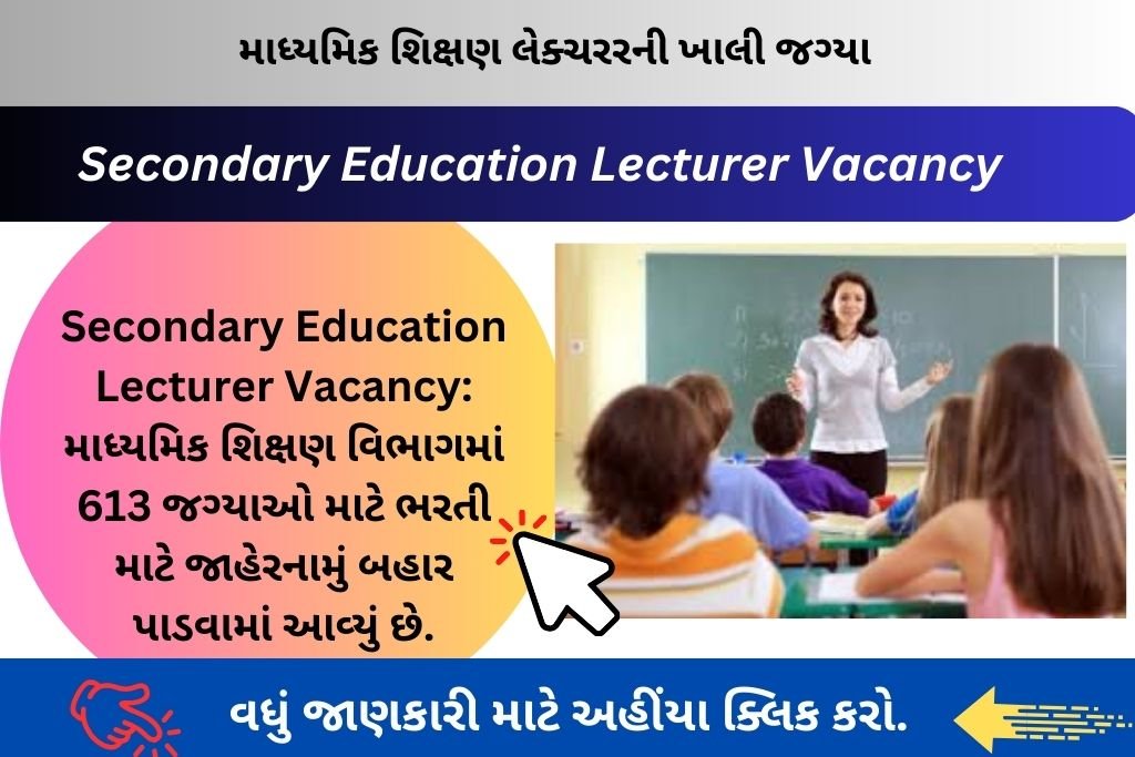 Secondary Education Lecturer Vacancy:  માધ્યમિક શિક્ષણ વિભાગમાં 613 જગ્યાઓ માટે ભરતી માટે જાહેરનામું બહાર પાડવામાં આવ્યું છે.